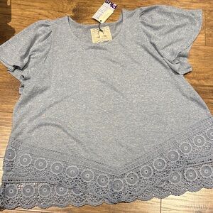 Cupio Light Blue Blouse t-shirt with Crochet/lace like Hem ruffled shoulders